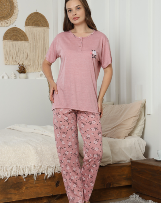 5536-5537 VİSKON DÜĞMELLİ KISAKOL BAYAN PİJAMA TAKIMI