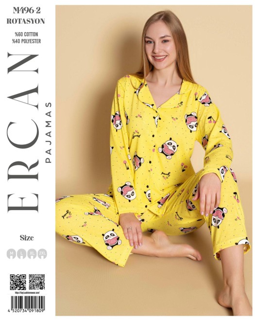 ROTASYON KADIN UZUNKOLLU ÖNÜ DÜĞMELİ PİJAMA TAKIMI