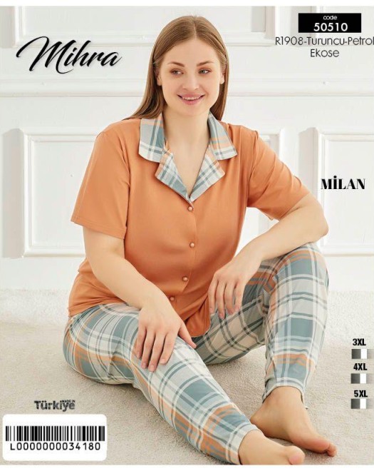 50510 MİLAN BATTAL BEDEN ÖNÜ DÜĞMELİ KISAKOL KADIN PİJAMA TAKIM