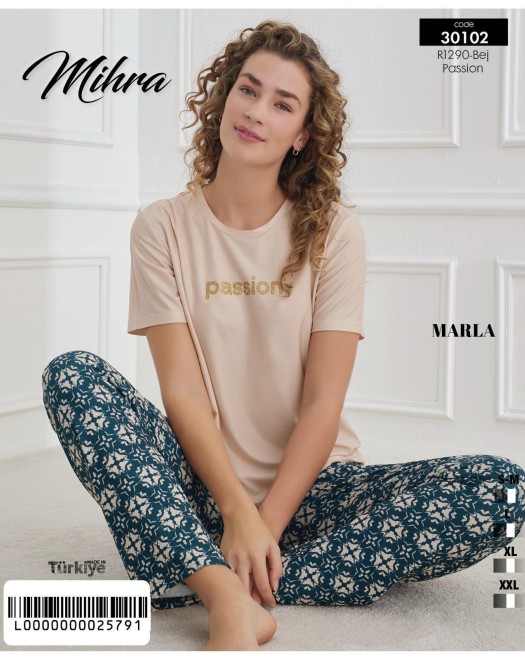 30102 MARLA KISAKOL ALTI UZUN KADIN PİJAMA TAKIM +