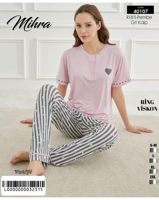 40107 RİNG VİSKON KISAKOL ALTI UZUN PİJAMA TAKIM