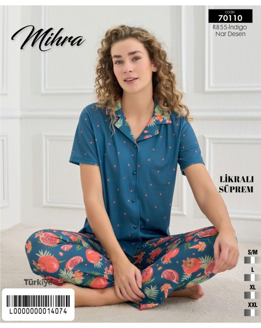 70110 LİKRALI SÜPREM KADIN KISAKOL DÜĞMELİ PİJAMA TAKIM