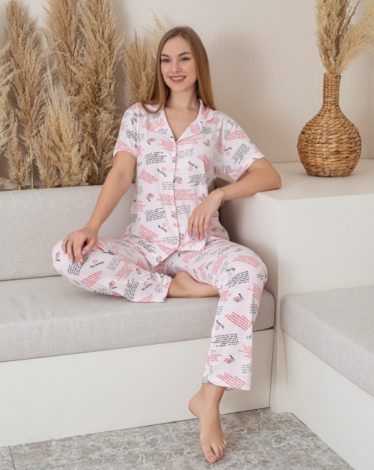 DÜĞMELİ KISA KOL PİJAMA TAKIMI +