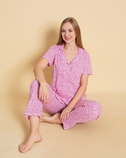 DÜĞMELİ KISA KOL PİJAMA TAKIMI +