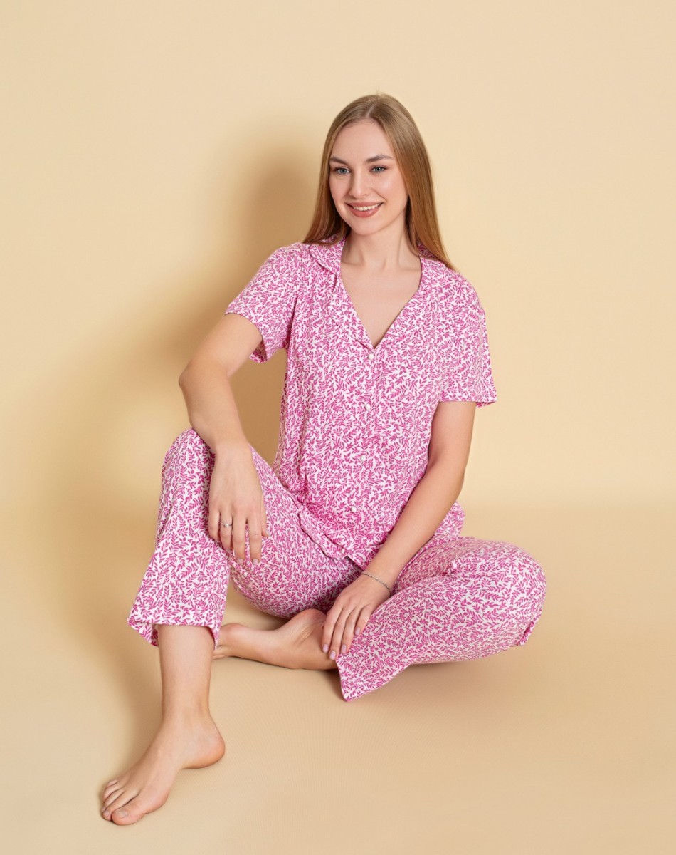 DÜĞMELİ KISA KOL PİJAMA TAKIMI +