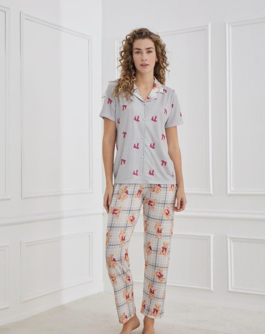 70110 LİKRALI SÜPREM KADIN KISAKOL DÜĞMELİ PİJAMA TAKIM