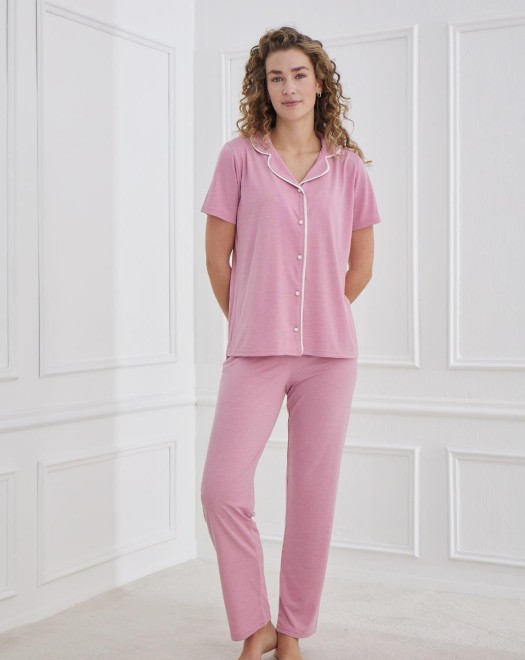 90141 POLİVİSKON KISAKOL DÜĞMELİ KADIN PİJAMA TAKIM