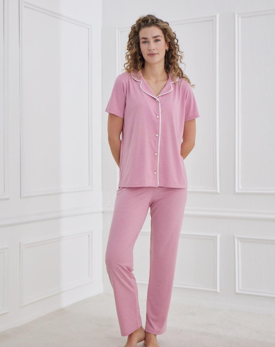 90141 POLİVİSKON KISAKOL DÜĞMELİ KADIN PİJAMA TAKIM