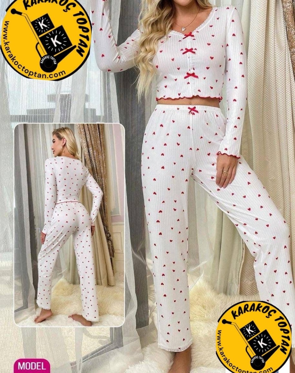 FİTİLLİ KALPLİ UZUN KOLLU  PİJAMA TAKIM