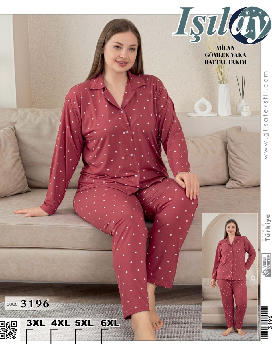 MİLAN UZUNKOLLU ÖNÜ DÜĞMELİ BATTAL BEDEN KADIN PİJAMA TAKIM