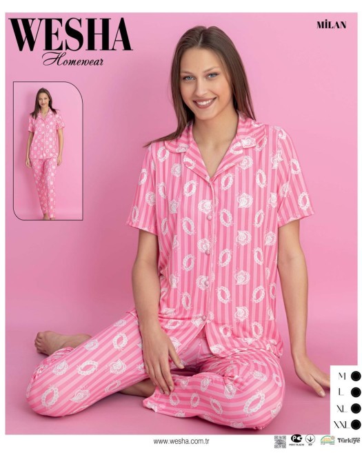 MİLAN KUMAŞ DÜĞMELİ KISAKOL KADIN PİJAMA TAKIM