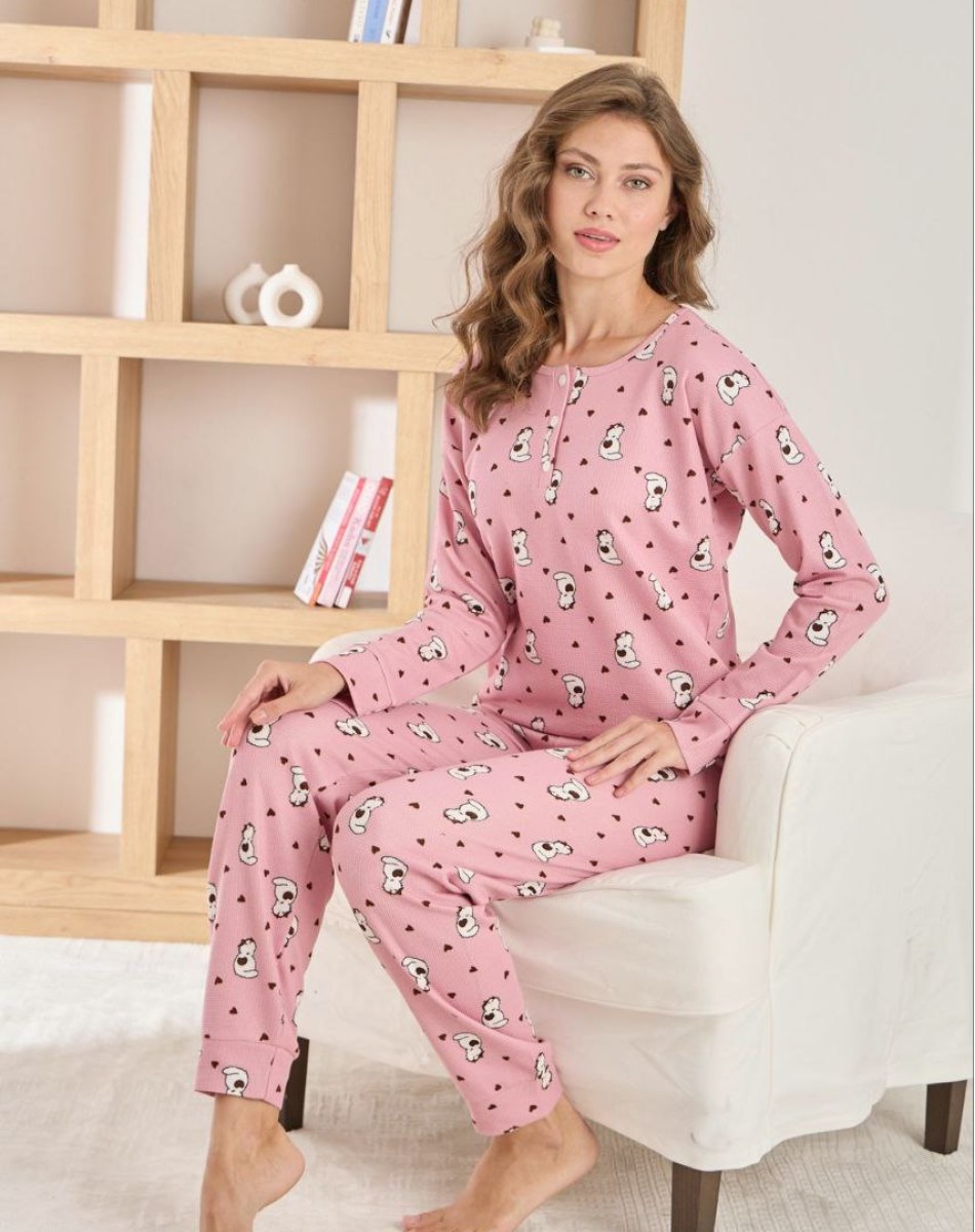 8905 WAFFLE 3 DÜĞMELİ BAYAN PİJAMA TAKIM