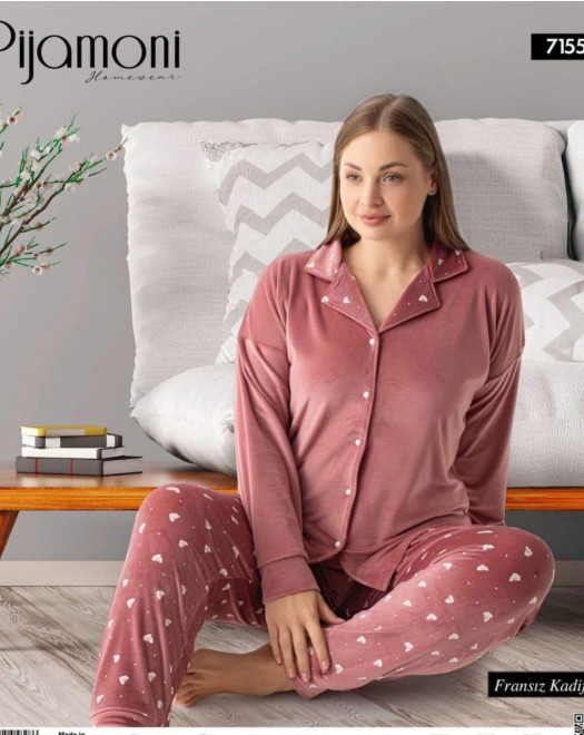 7155 BATTAL DÜĞMELİ DESENLİ FRANSIZ KADİFE BAYAN TAKIM