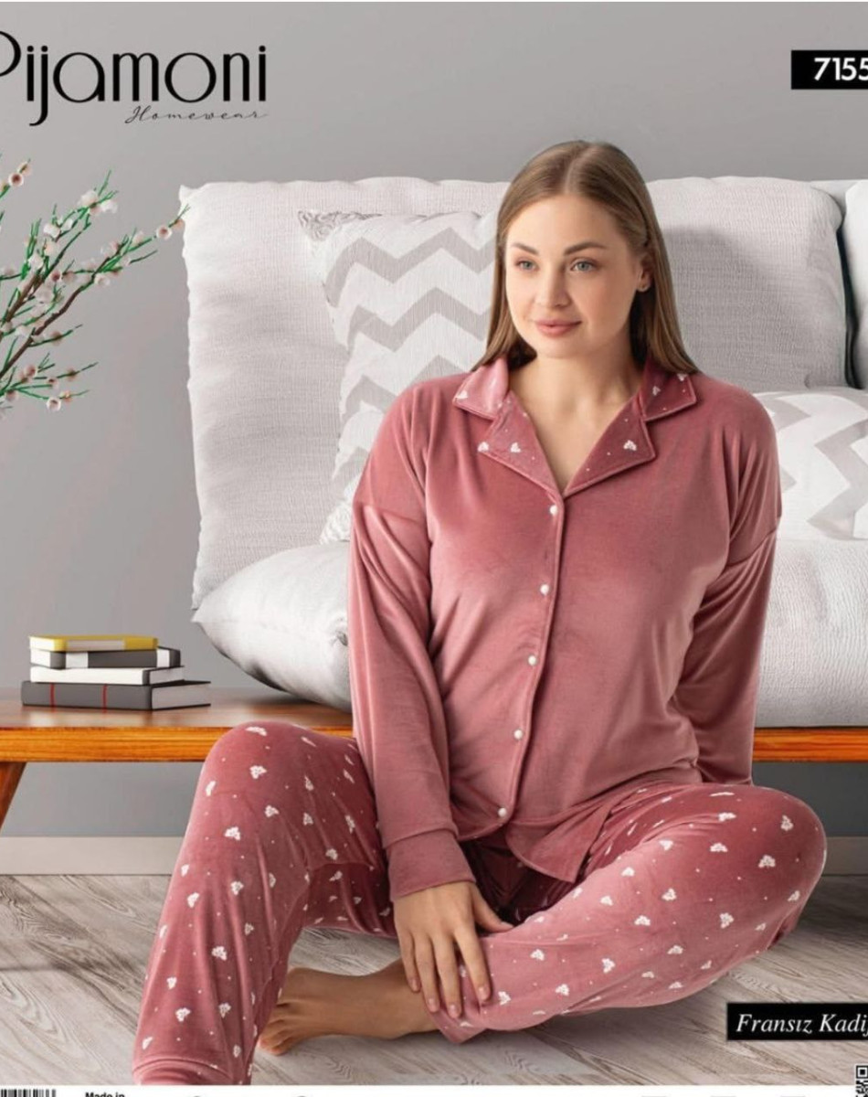 7155 BATTAL DÜĞMELİ DESENLİ FRANSIZ KADİFE BAYAN TAKIM