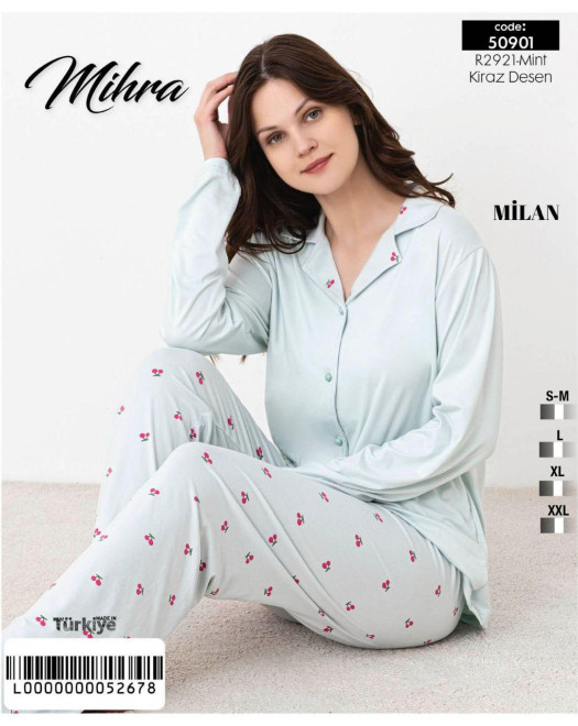 50901 MİLAN GÖMLEK YAKA UZUN KOLLU BAYAN PİJAMA TAKIM