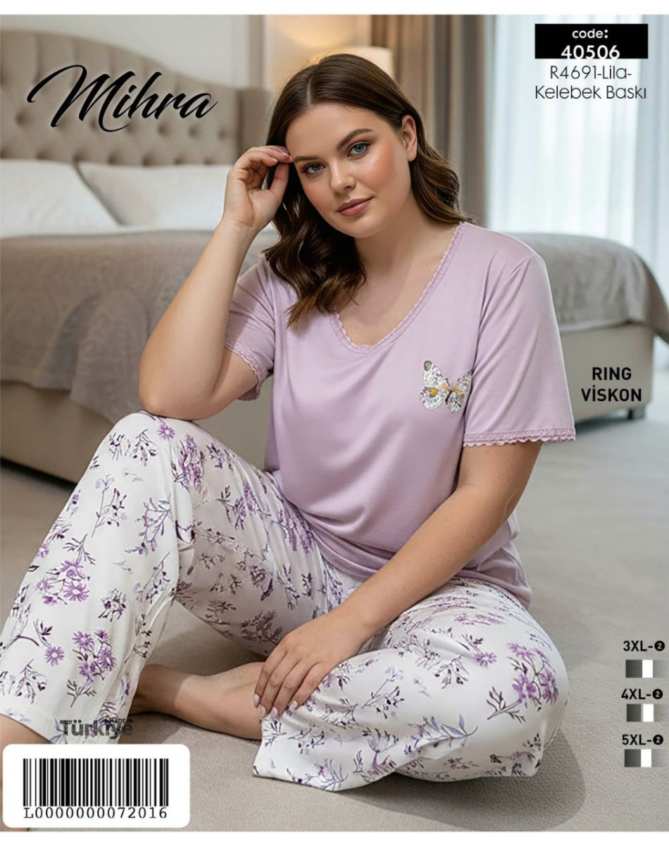 40506 RING VİSKON BAYAN KISA KOL BATTAL PİJAMA TAKIM